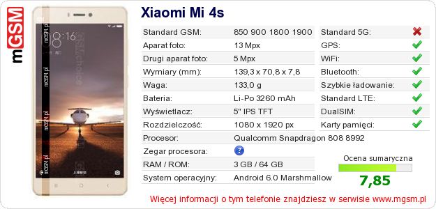 Dane telefonu Xiaomi Mi 4s Dane telefonu Xiaomi Mi 4s