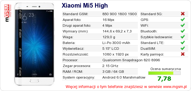 Dane telefonu Xiaomi Mi5 High