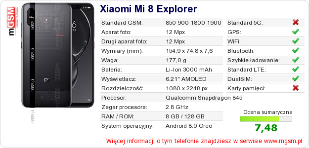 Dane telefonu Xiaomi Mi 8 Explorer
