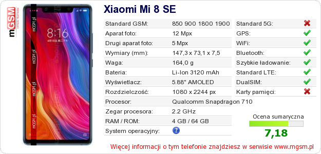 Dane telefonu Xiaomi Mi 8 SE Dane telefonu Xiaomi Mi 8 SE