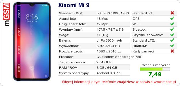Dane telefonu Xiaomi Mi 9