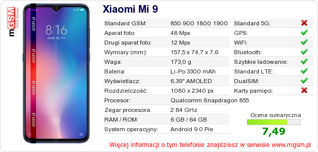 Dane telefonu Xiaomi Mi 9