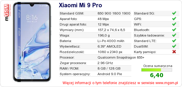 Dane telefonu Xiaomi Mi 9 Pro Dane telefonu Xiaomi Mi 9 Pro