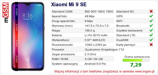 Dane telefonu Xiaomi Mi 9 SE