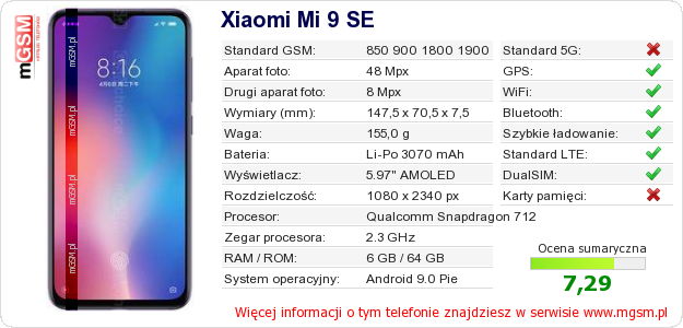 Dane telefonu Xiaomi Mi 9 SE