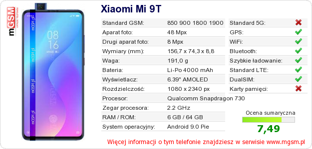Dane telefonu Xiaomi Mi 9T
