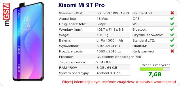 Dane telefonu Xiaomi Mi 9T Pro Dane telefonu Xiaomi Mi 9T Pro