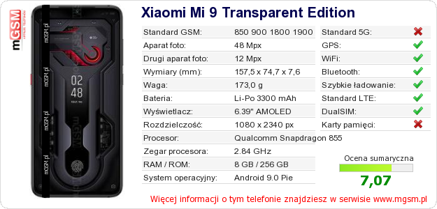 Dane telefonu Xiaomi Mi 9 Transparent Edition