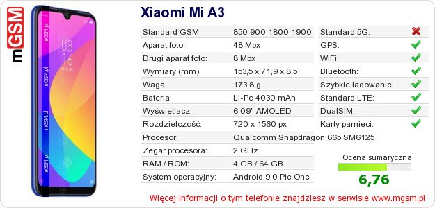 Dane telefonu Xiaomi Mi A3 Dane telefonu Xiaomi Mi A3