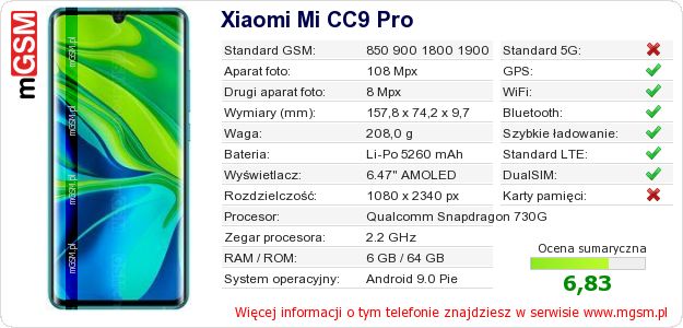 Dane telefonu Xiaomi Mi CC9 Pro