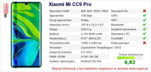 Dane telefonu Xiaomi Mi CC9 Pro