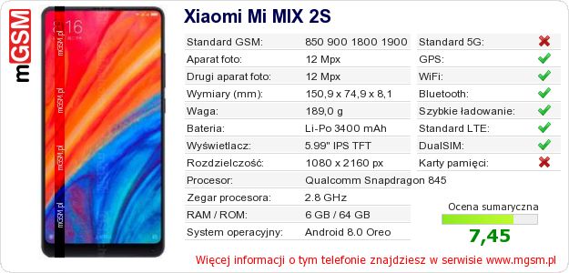 Dane telefonu Xiaomi Mi MIX 2S Dane telefonu Xiaomi Mi MIX 2S