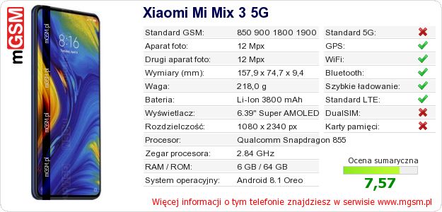 Dane telefonu Xiaomi Mi Mix 3 5G