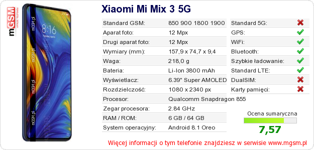 Dane telefonu Xiaomi Mi Mix 3 5G Dane telefonu Xiaomi Mi Mix 3 5G