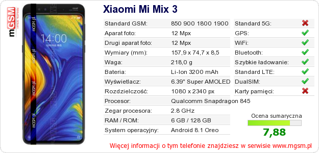 Dane telefonu Xiaomi Mi Mix 3