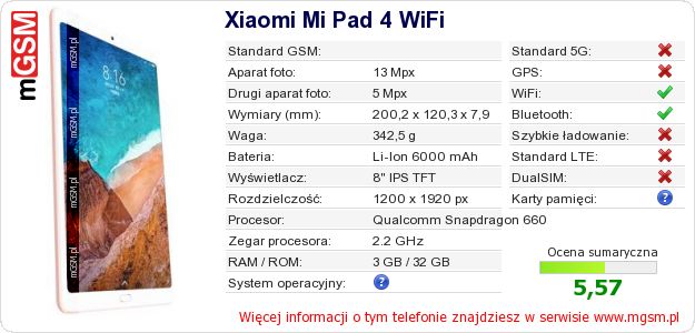 Dane telefonu Xiaomi Mi Pad 4 WiFi Dane telefonu Xiaomi Mi Pad 4 WiFi