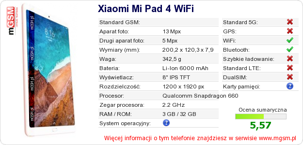 Dane telefonu Xiaomi Mi Pad 4 WiFi