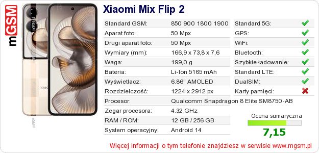 Dane telefonu Xiaomi Mix Flip 2
