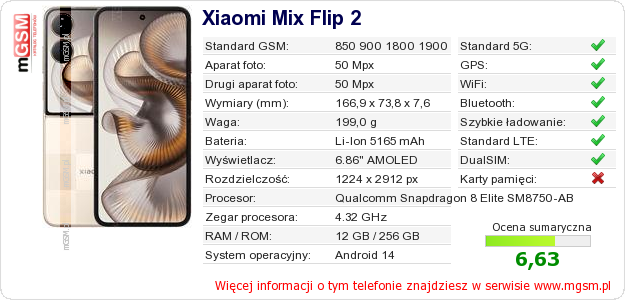 Dane telefonu Xiaomi Mix Flip 2