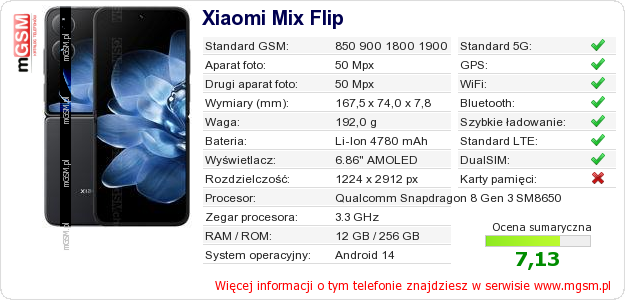 Dane telefonu Xiaomi Mix Flip