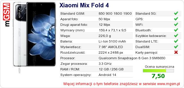 Dane telefonu Xiaomi Mix Fold 4 Dane telefonu Xiaomi Mix Fold 4
