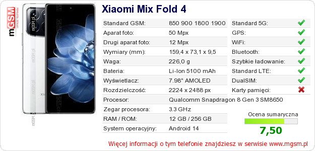 Dane telefonu Xiaomi Mix Fold 4