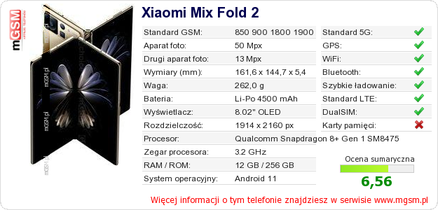 Dane telefonu Xiaomi Mix Fold 2