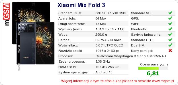 Dane telefonu Xiaomi Mix Fold 3 Dane telefonu Xiaomi Mix Fold 3