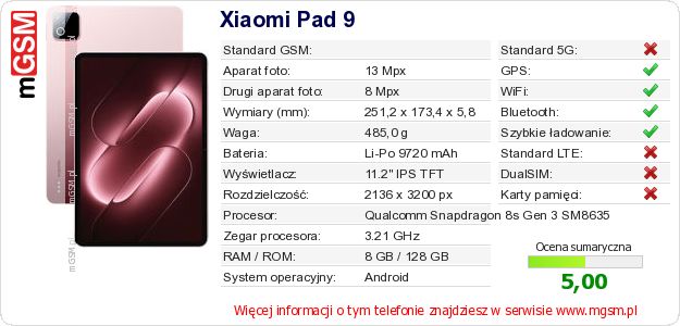 Dane telefonu Xiaomi Pad 9 Dane telefonu Xiaomi Pad 9