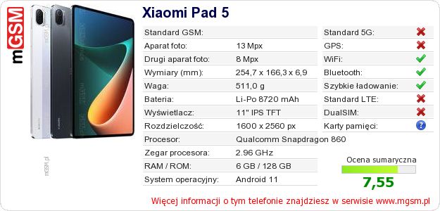 Dane telefonu Xiaomi Pad 5 Dane telefonu Xiaomi Pad 5