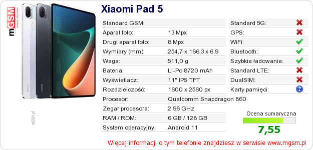 Dane telefonu Xiaomi Pad 5 Dane telefonu Xiaomi Pad 5