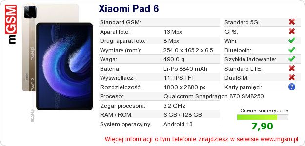 Dane telefonu Xiaomi Pad 6