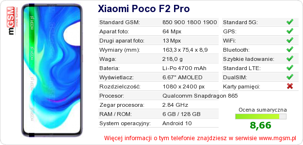 Dane telefonu Xiaomi Poco F2 Pro