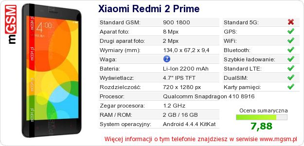 Dane telefonu Xiaomi Redmi 2 Prime Dane telefonu Xiaomi Redmi 2 Prime