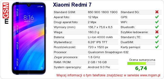Dane telefonu Xiaomi Redmi 7 Dane telefonu Xiaomi Redmi 7