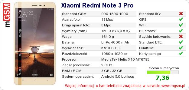Dane telefonu Xiaomi Redmi Note 3 Pro Dane telefonu Xiaomi Redmi Note 3 Pro