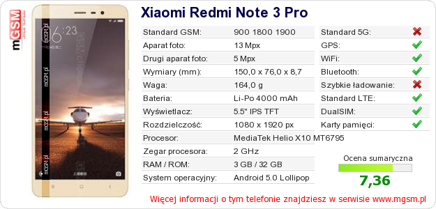 Dane telefonu Xiaomi Redmi Note 3 Pro