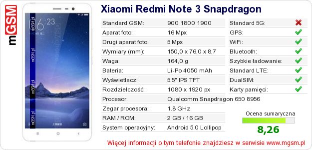 Dane telefonu Xiaomi Redmi Note 3 Snapdragon