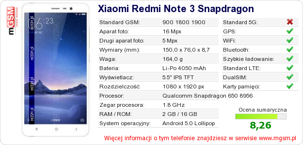 Dane telefonu Xiaomi Redmi Note 3 Snapdragon