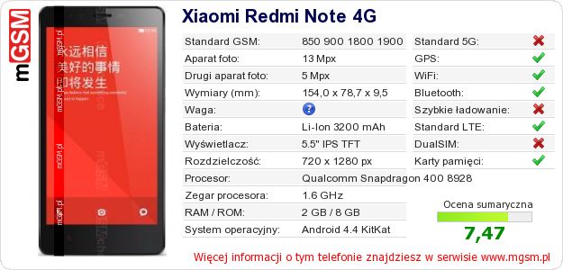 Dane telefonu Xiaomi Redmi Note 4G