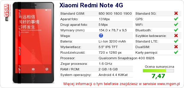 Dane telefonu Xiaomi Redmi Note 4G