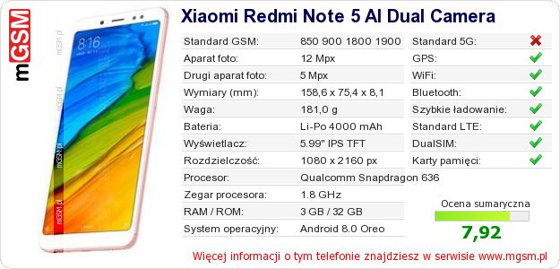 Dane telefonu Xiaomi Redmi Note 5 AI Dual Camera Dane telefonu Xiaomi Redmi Note 5 AI Dual Camera