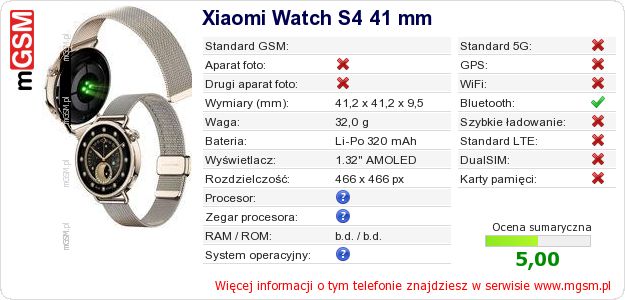 Dane telefonu Xiaomi Watch S4 41 mm Dane telefonu Xiaomi Watch S4 41 mm