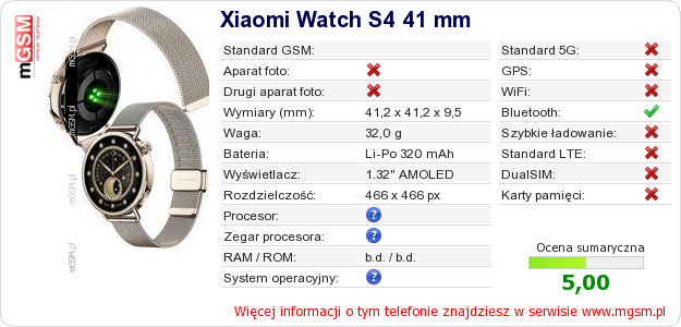 Dane telefonu Xiaomi Watch S4 41 mm