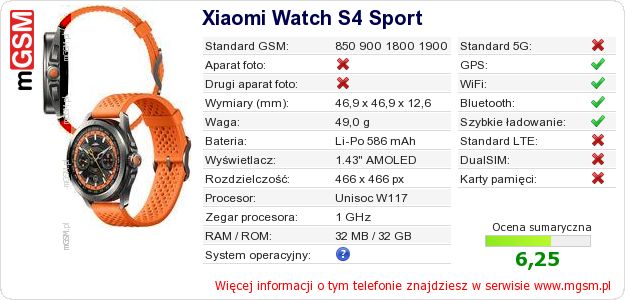 Dane telefonu Xiaomi Watch S4 Sport