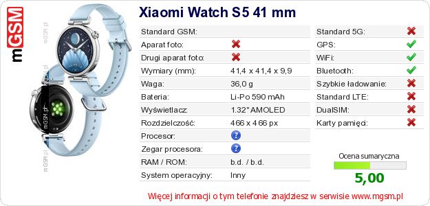 Dane telefonu Xiaomi Watch S5 41 mm