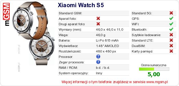 Dane telefonu Xiaomi Watch S5 Dane telefonu Xiaomi Watch S5