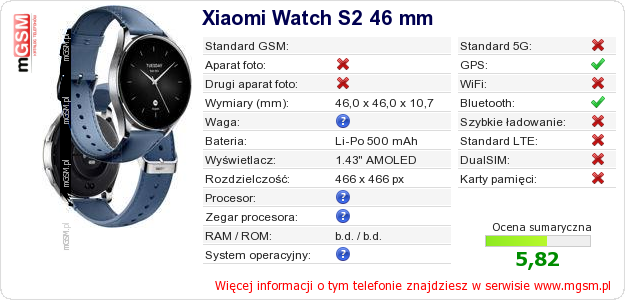 Dane telefonu Xiaomi Watch S2 46 mm