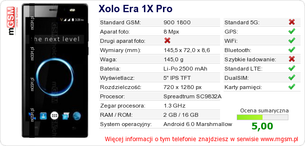 Dane telefonu Xolo Era 1X Pro