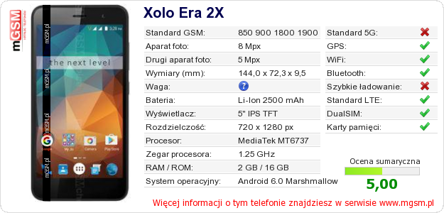 Dane telefonu Xolo Era 2X